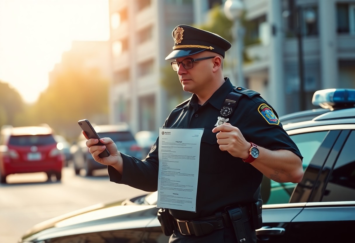 A police officer stands by a patrol car, holding a document and using a smartphone, possibly accessing Minnesota juvenile justice resources, on a city street with cars in the background.