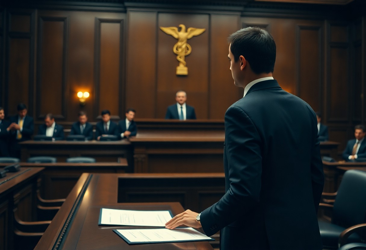 A man in a suit stands at a courtroom podium with documents, addressing a judge and others seated in a formal wood-paneled courtroom, discussing Minnesota juvenile justice resources.