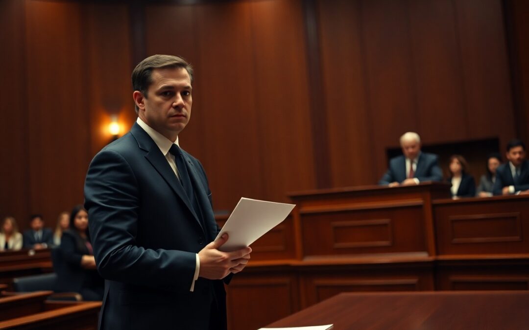 A man in a suit holds documents while standing in a courtroom, with people seated in the background—possibly discussing Minnesota juvenile justice resources.