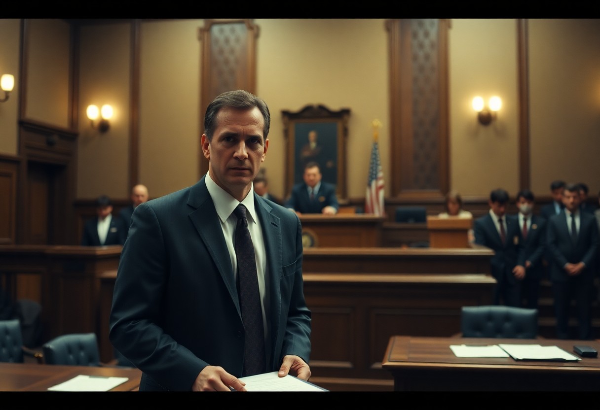 A man in a suit stands in a courtroom holding papers, with other people near the judge’s bench and an American flag, possibly discussing Minnesota juvenile justice resources.