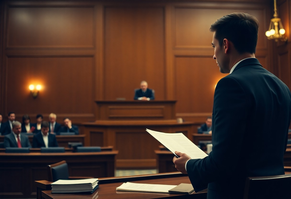 A lawyer holding papers stands and addresses the judge in a wood-paneled courtroom, with people seated in the background—an environment where Minnesota juvenile justice resources may play a crucial role.